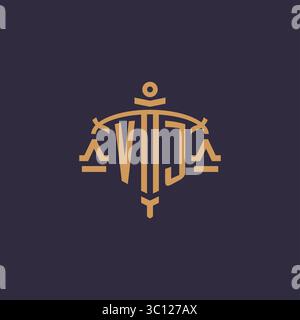 Monogram VJ logo for legal firm with geometric scale and sword style vector graphic Stock Vector
