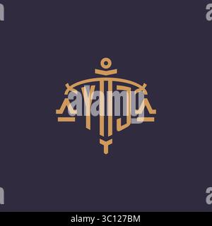 Monogram YJ logo for legal firm with geometric scale and sword style vector graphic Stock Vector