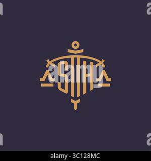 Monogram SH logo for legal firm with geometric scale and sword style vector graphic Stock Vector