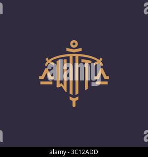 Monogram WT logo for legal firm with geometric scale and sword style vector graphic Stock Vector