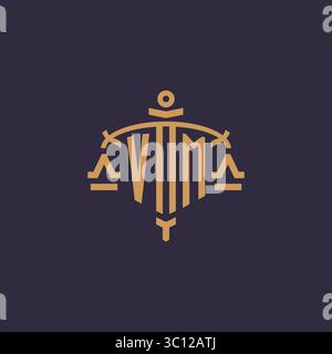 Monogram VM logo for legal firm with geometric scale and sword style vector graphic Stock Vector