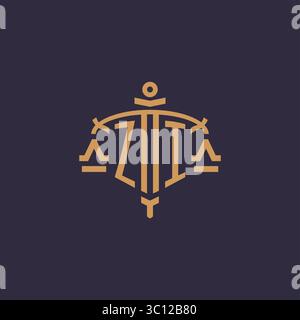 Monogram ZI logo for legal firm with geometric scale and sword style vector graphic Stock Vector