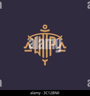 Monogram WP logo for legal firm with geometric scale and sword style vector graphic Stock Vector