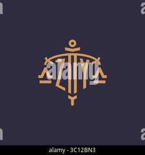 Monogram ZY logo for legal firm with geometric scale and sword style vector graphic Stock Vector