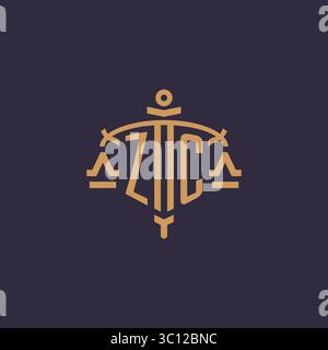 Monogram ZC logo for legal firm with geometric scale and sword style vector graphic Stock Vector