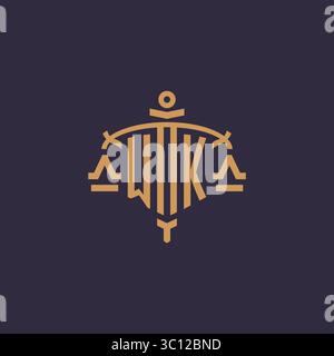 Monogram WK logo for legal firm with geometric scale and sword style vector graphic Stock Vector