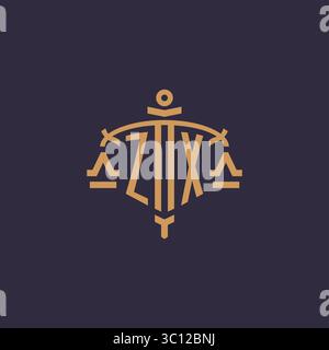 Monogram ZX logo for legal firm with geometric scale and sword style vector graphic Stock Vector