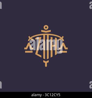 Monogram ZH logo for legal firm with geometric scale and sword style vector graphic Stock Vector