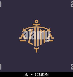 Monogram ZM logo for legal firm with geometric scale and sword style vector graphic Stock Vector