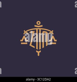 Monogram ZN logo for legal firm with geometric scale and sword style vector graphic Stock Vector