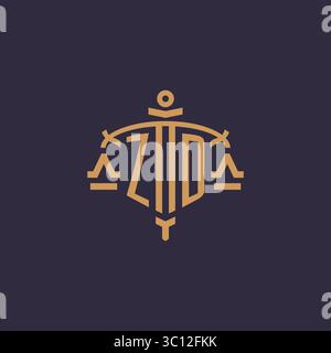 Monogram ZD logo for legal firm with geometric scale and sword style vector graphic Stock Vector