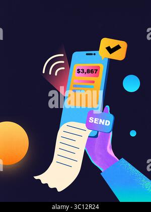 Collage of mobile screen showing transaction amount receipt and send button in vibrant glowing interface Stock Photo