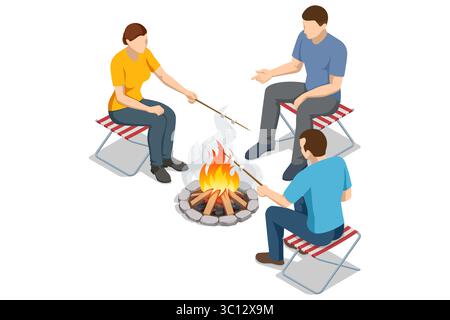 Isometric illustration of three people sitting around a campfire, roasting marshmallows on sticks. Outdoor camping scene with casual conversation and Stock Vector
