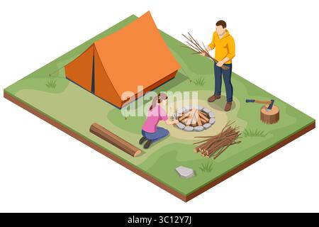 Preparing Campfire. An Isometric illustration of two people preparing a campfire, gathering firewood and arranging logs, with an axe nearby, in a Stock Vector