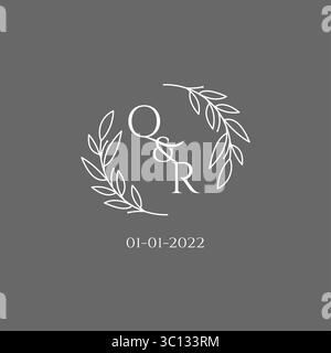 Initial letter QR monogram wedding logo with creative leaves decoration vector graphic vector graphic Stock Vector