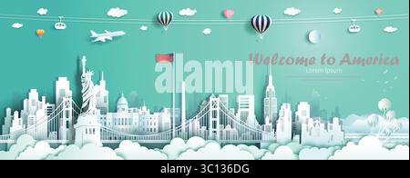 Travel landmarks United States of America famous monument architecture skyline, Tour landmark to golden gate bridge and statue of liberty with panoram Stock Vector