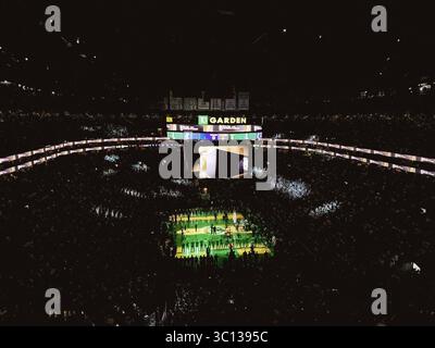 Players line up on the basketball court at TD Garden before tipoff during the 2022 NBA Finals in Boston, Massachusetts, United States Stock Photo