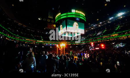 General view of a regular season NBA game at TD Garden in Boston, Massachusetts, United States, with players and fans during the pre-game ceremony Stock Photo