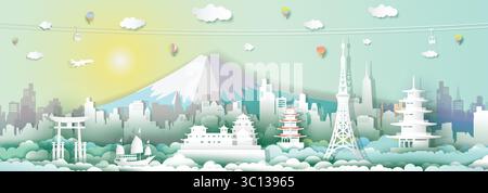 Travel Japan landmarks by cable car, balloon and airplane with panorama view, Architecture landmark of world, Travel cityscape with paper origami for Stock Vector