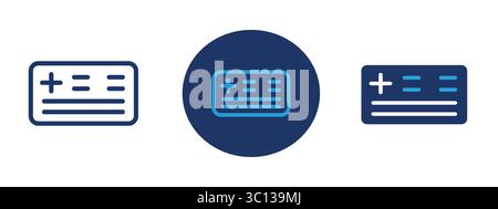 Three blue and white cards with a blue circle in the middle. The circle has a plus sign on it Stock Vector