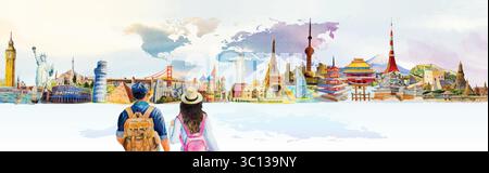 Paintings landmark world travel and sights. Famous landmarks world group together. Watercolor hand drawn painting on world map background. Watercolor Stock Vector
