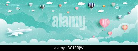Travel happy new year and christmas with balloons and airplane, Vector illustration for Wallpaper, flyer, invitation, card, posters, postcard, brochur Stock Vector