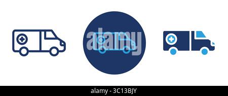 Three blue and white vehicles with a blue circle in the middle. The circle has a cross on it Stock Vector