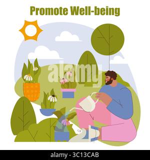 Horticulture concept. Man caring for potted flowers outdoors in a sunny green garden, fostering relaxation and joy in nature. Gardening activities promote well-being and mental balance. Vector illustration. Stock Vector