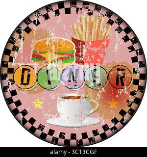 retro american diner sign with hot dog, fast food vintage sign concept, worn and weathered, vector eps Stock Vector