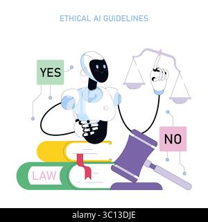 Vector illustration of a robot with a friendly expression weighing ethical decisions against legal guidelines. The robot interacts with law books and a gavel, signifying AI law and ethics. Stock Vector
