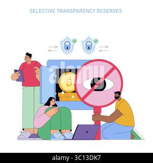 Vector illustration depicting people managing cryptocurrency security. Open safe showing Bitcoin, privacy symbol, and shield icons convey the concept of selective transparency in digital finance. Stock Vector