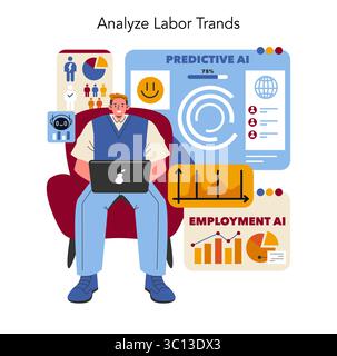 Labor Day AI analysis concept. A man with a laptop analyzing employment trends using AI technology, surrounded by predictive data charts. Stock Vector