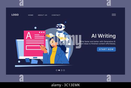 Vector illustration of a person writing with an AI assistant robot, emphasizing AI-assisted content creation. The individual appears focused while engaging with the AI tool on a computer. Stock Vector