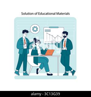 Vector illustration showing a team of three professionals engaged in an educational materials solution meeting. They interact with charts, graphs, and a laptop in a collaborative office setting. Stock Vector