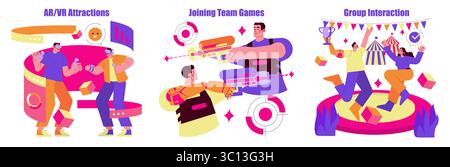 Vector illustration of dynamic AR VR attractions, team games, and group interaction. People are enjoying virtual reality experiences, playing team games, and celebrating achievements together. Stock Vector