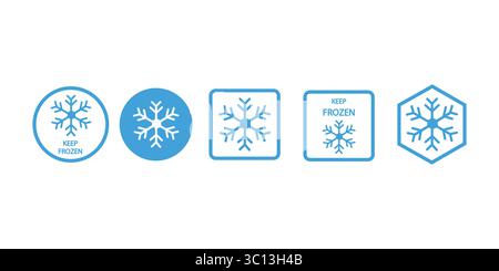 Keep frozen label. Keep frozen - badges for product. Sticker with snowflake. Storage in refrigerator and freezer. Vector illustration. Stock Vector