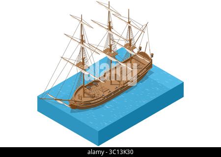 An isometric illustration of a large wooden sailboat with multiple masts and rigging, ready for a grand voyage on open water Stock Vector