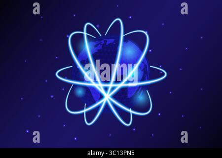 Futuristic glowing lines orbiting Earth, symbolizing worldwide digital communication and global network connectivity, vector illustration Stock Vector