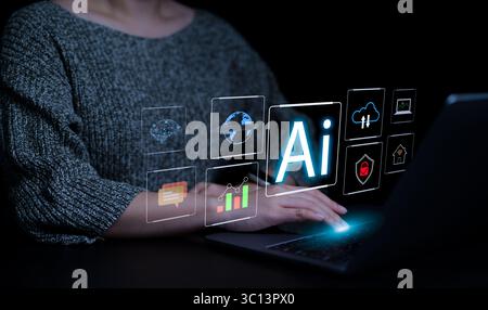 AI technology concept. Woman use AI to help work or use AI everyday life at home. AI Learning and Artificial Intelligence. Business, modern technology Stock Photo