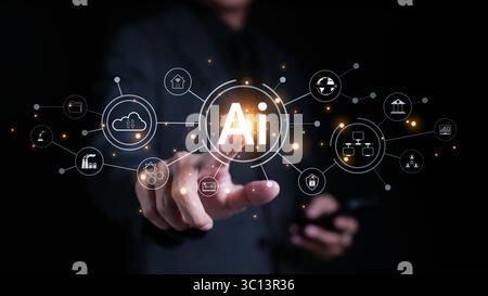 Artificial Intelligence (AI) technology concept. Businessman hand touching AI icon. Digital transformation, Internet of Things, Use of AI to help Stock Photo