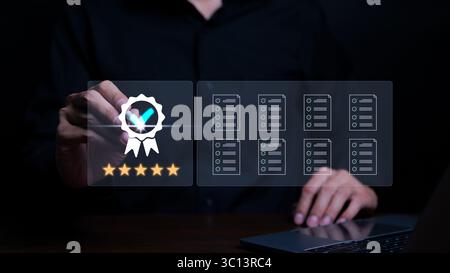 Businessman are evaluation online survey exam and choose the right answer in the exam international standard certification of product. Check mark Stock Photo