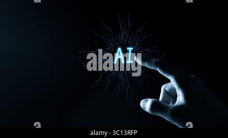 AI, Artificial intelligence concept. hand touching virtual screen ai logo. Machine Learning, Internet of Things Technology, Digital transformation, Stock Photo