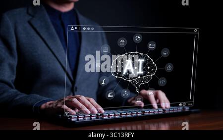 AI or Artificial intelligence concept. Businessman using computer use ai to help business and used in daily life, Digital Transformation, iot Stock Photo