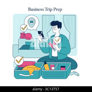 Individuals preparing for a business trip review their packing list while checking their phone. The scene emphasizes organization and readiness with luggage and essential items laid out. Vector illustration. Stock Vector