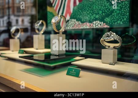 LONDON- JULY 15, 2025: Rolex store in Knightsbridge. Global Swiss luxury watch brand Stock Photo