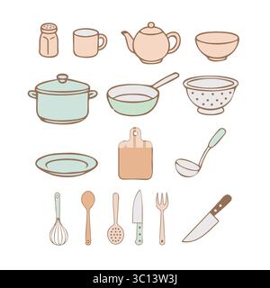 Kitchen tableware plates cups forks knives kettle color set FlatOutline style vector Stock Vector
