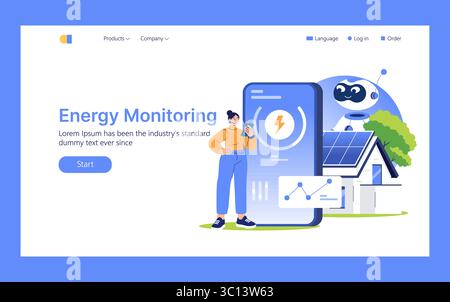 Vector illustration of energy monitoring with a woman using a smartphone beside a large screen displaying power statistics. Includes solar panels and an AI robot. Stock Vector