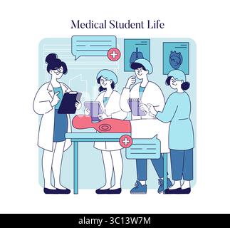 Medical Student Life illustrates the collaborative energy of medical students engaged in learning. They discuss cases, take notes, and practice skills around a simulated patient. This scene captures the dedication and teamwork vital in healthcare education. Stock Vector