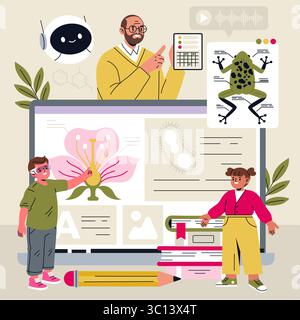 Vector illustration depicting kids engaging in online science education. Elements include a teacher on a screen, botanical diagrams, and children interacting with digital content. Stock Vector