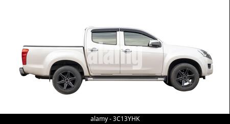 Right side view of clean white pickup truck is isolated on white background with clipping path. Stock Photo